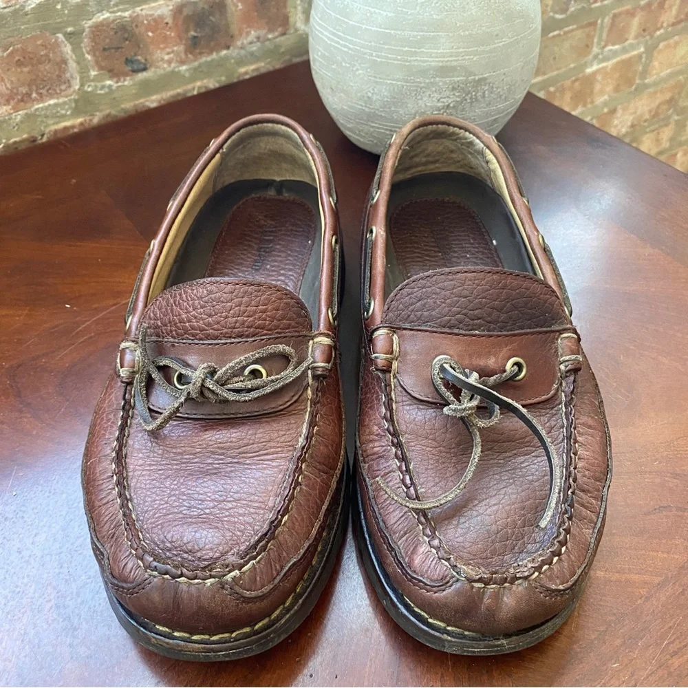 LL Bean Brown Leather Boat Shoes Men's Size 8 EE Wide Distressed